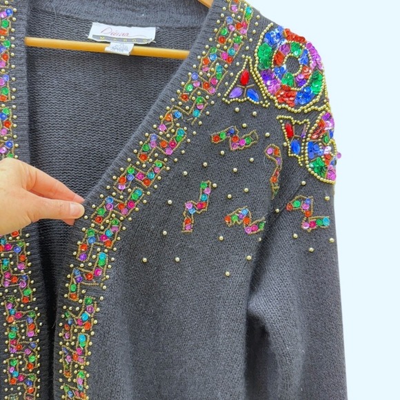 VTG Silk Sequin Holiday Cardigan Black Sweater Sz 22 Beaded Christmas Bling Fun - Picture 1 of 13